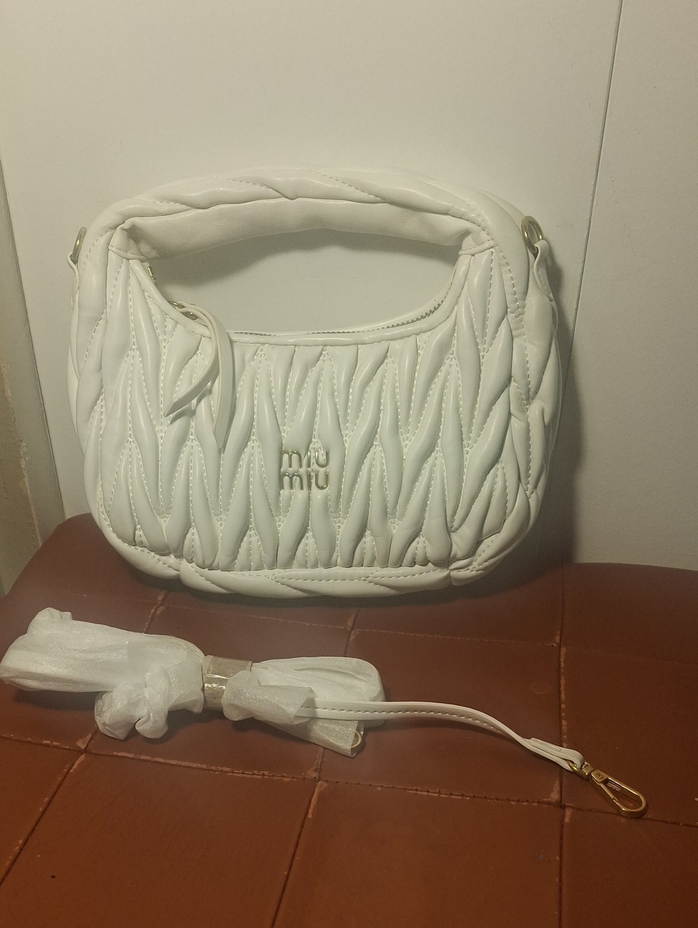 Miu Miu White Quilted Ruched Leather Shoulder Bag
